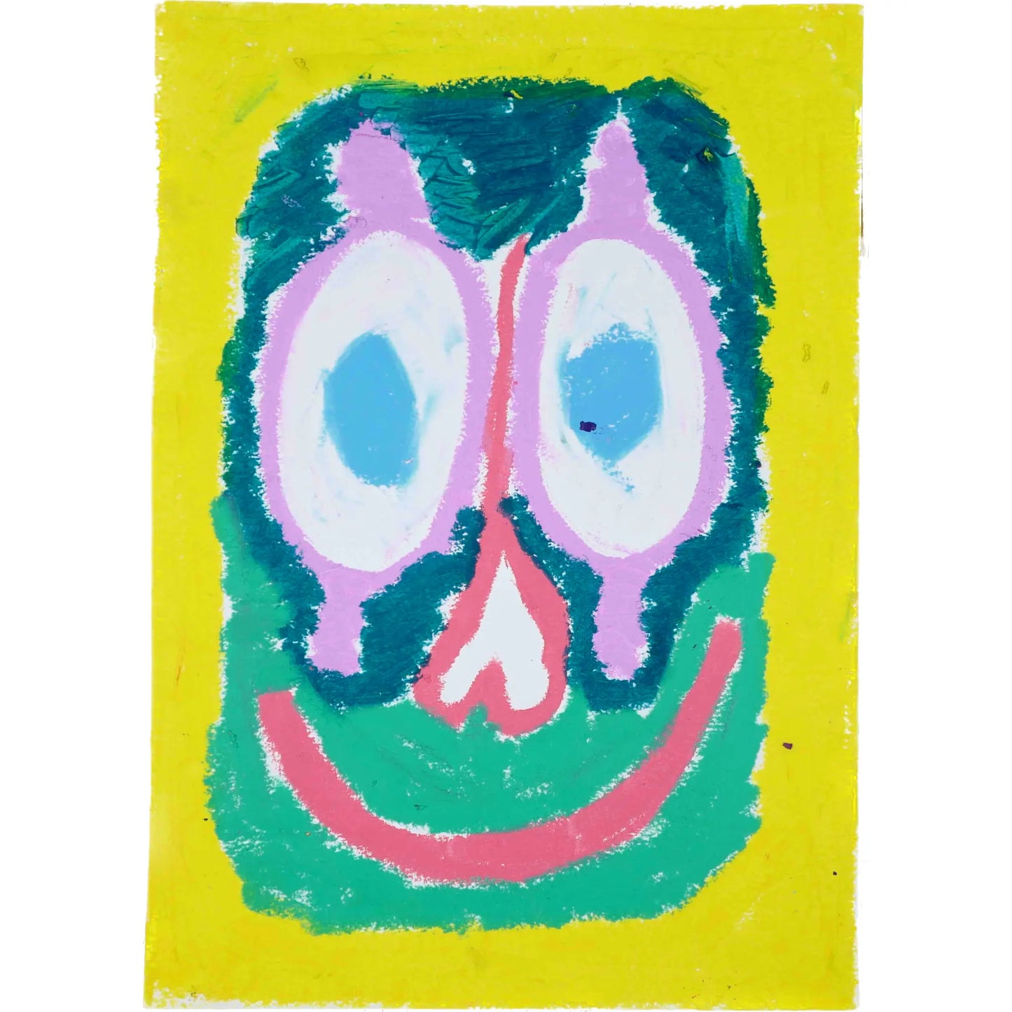 Colorful abstract painting titled 'Ecstatic Expression' by Lenfantvivant, featuring a whimsical face with wide blue eyes, a heart-shaped nose, and a broad pink smile on a yellow background.
