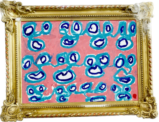 "Lenfantvivant joyful abstract pattern painting" "Matisse-like cut-out shapes in modern art" "Calder-inspired whimsical abstract forms" "Modern art framed in antique Swiss frame" "Rococo framed Sauna Fusion artwork by Lenfantvivant"
