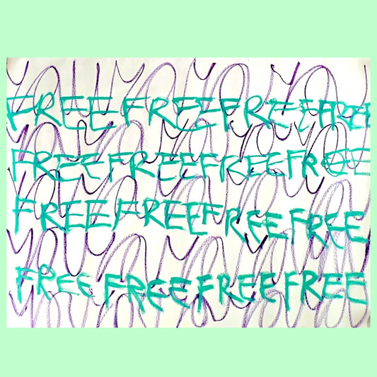 "Contemporary artwork 'Free You' by Lenfantvivant" "Lenfantvivant's 'Free You' on museum-quality paper" "Modern art with repeated text 'FREE' and 'YOU'" "Dynamic abstract art with text by Lenfantvivant" "Expressionist painting with green 'FREE' and purple 'YOU'"
