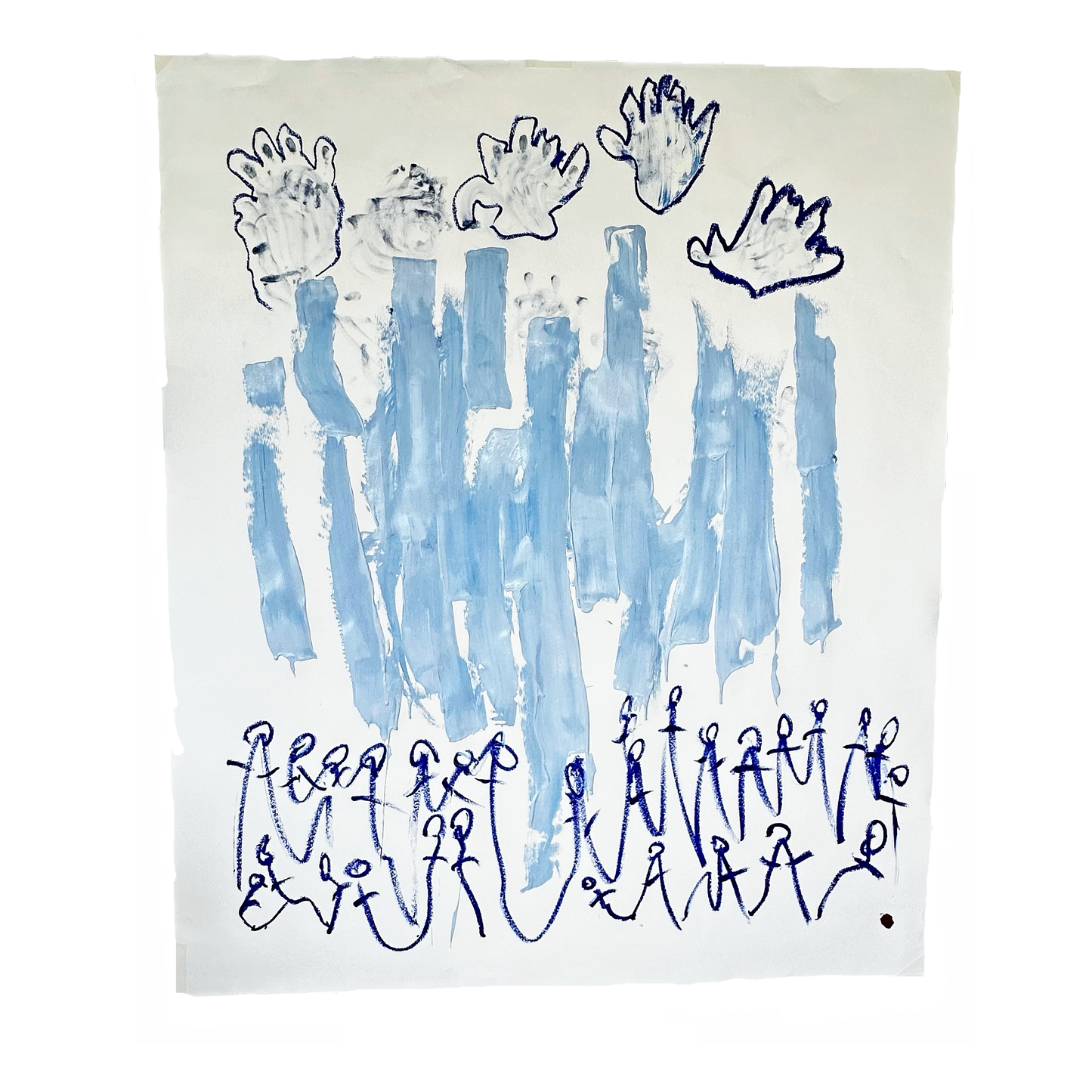 Abstract artwork featuring blue vertical brushstrokes on a white background, with the top resembling silhouettes of hands reaching upwards. Below the brushstrokes is a line of stylized figures drawn in blue, connected by loops, suggesting a sense of community or continuity. The figures and loops have a playful, child-like quality, reminiscent of stick figure drawings.