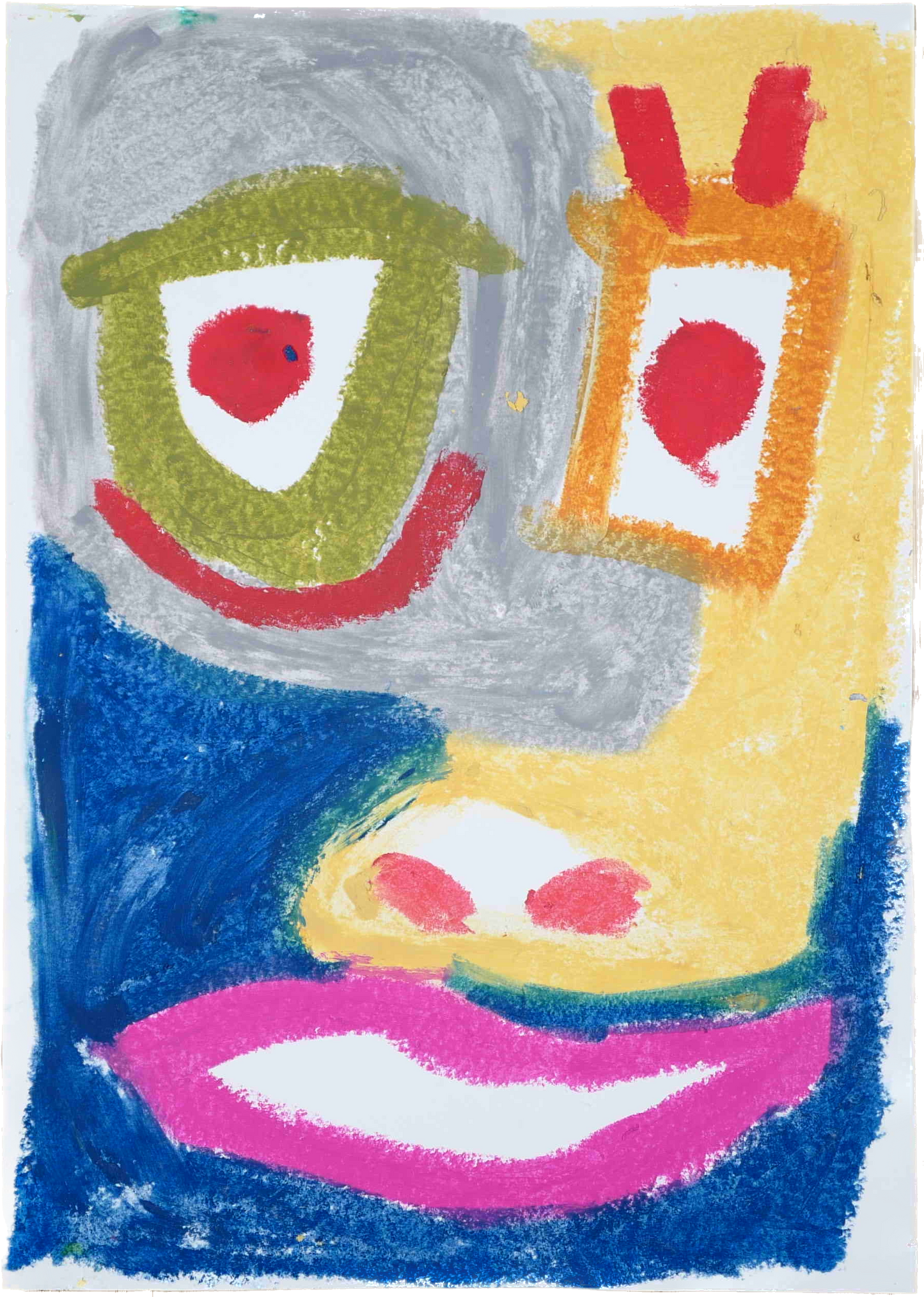 "Abstract eye-like forms in Lenfantvivant artwork" "Vivid oil pastel art in Sauna Fusion series" "Lenfantvivant abstract Sauna Fusion Art on paper" "Colorful abstract face by Lenfantvivant" "Creative abstract interpretation with vibrant pastels"