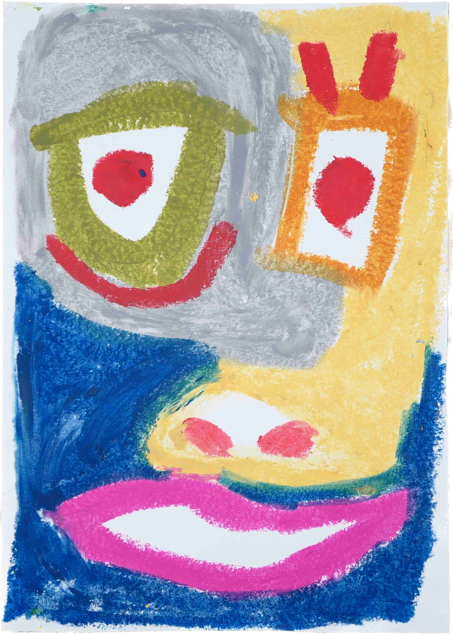 "Abstract eye-like forms in Lenfantvivant artwork" "Vivid oil pastel art in Sauna Fusion series" "Lenfantvivant abstract Sauna Fusion Art on paper" "Colorful abstract face by Lenfantvivant" "Creative abstract interpretation with vibrant pastels"
