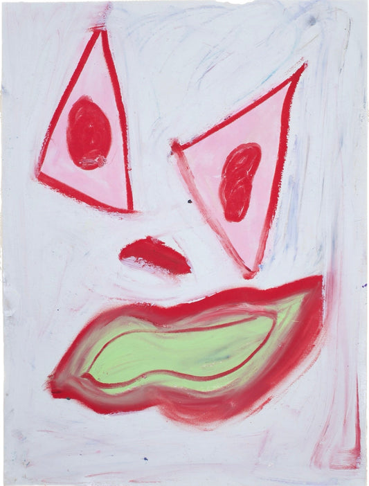 Abstract face with red triangles and green lips Lenfantvivant's Sauna Fusion Art expressing contemporary narratives Picasso-inspired shapes with Fauvist color sensibility Textured maroon and vermilion on a stark white backdrop Interpretation of modern existence through abstract form and color