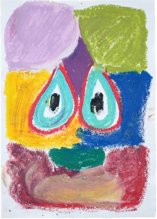 Lenfantvivant vibrant abstract eyes" "Expressive oil pastel artwork" "Sauna Fusion Art vibrant gaze" "Abstract face with vivid colors by Lenfantvivant" "Contemporary emotive art piece"