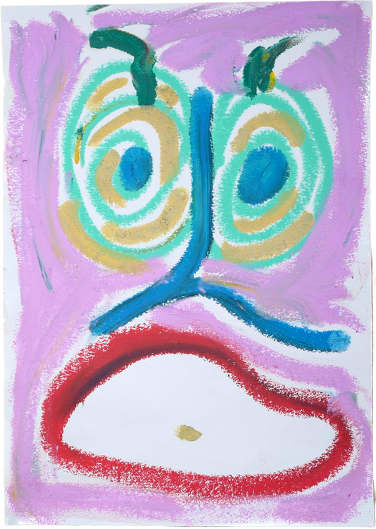 Lenfantvivant abstract pastel face painting" "Whimsical abstract art reminiscent of Klee" "Dubuffet's art brut influence in modern art" "Contemporary art brut facial abstraction" "Sauna Fusion series artwork by Lenfantvivant"