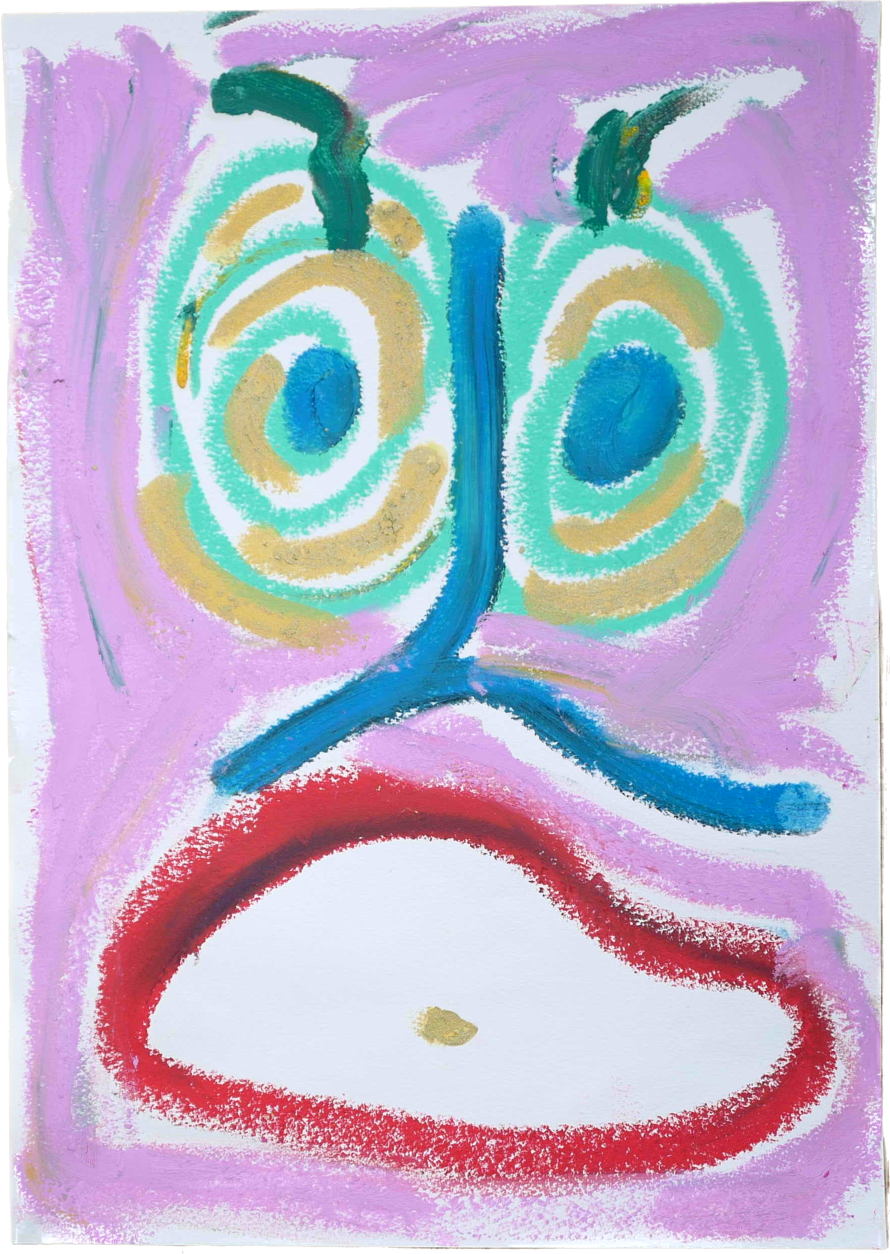 Lenfantvivant abstract pastel face painting" "Whimsical abstract art reminiscent of Klee" "Dubuffet's art brut influence in modern art" "Contemporary art brut facial abstraction" "Sauna Fusion series artwork by Lenfantvivant"