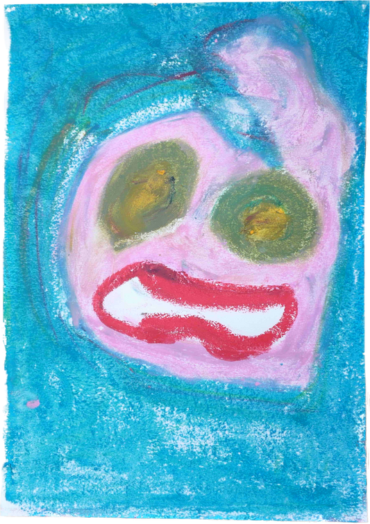 "Lenfantvivant whimsical abstract face" "Playful colors in Sauna Fusion Art" "Joyful oil pastel artwork on paper" "Contemporary abstract visage by Lenfantvivant" "Mirthful expression in modern art"